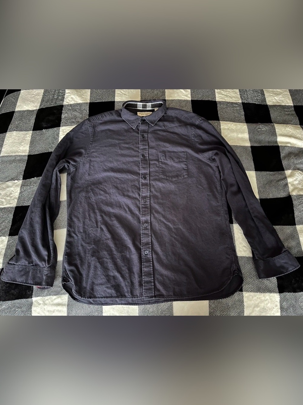 Size Large - Men's Burberry Button Up Dark Navy Check Cuff Flannel Shirt